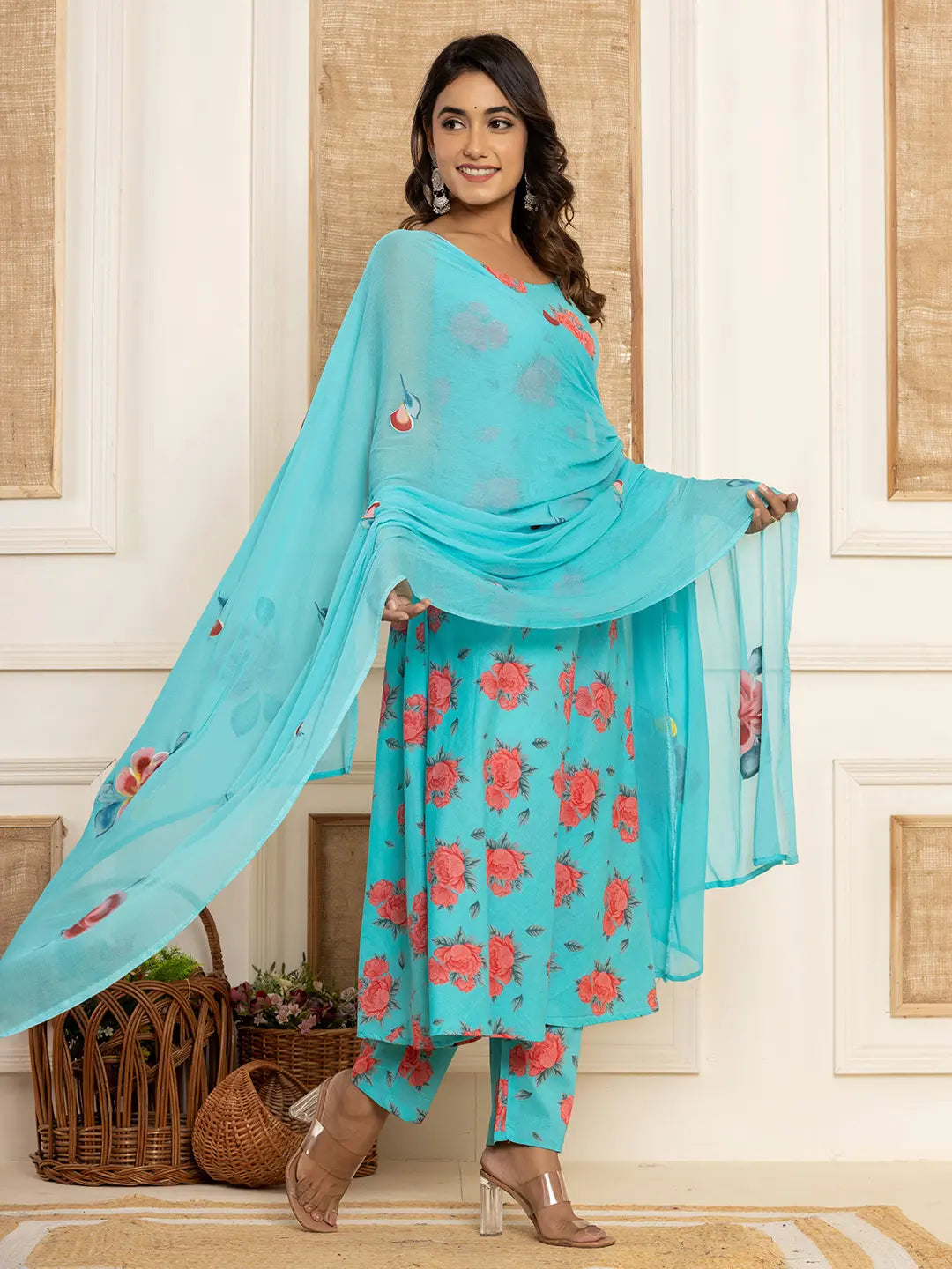 Blue Floral Print Cotton A Line Style Kurta And Trousers With Dupatta Set