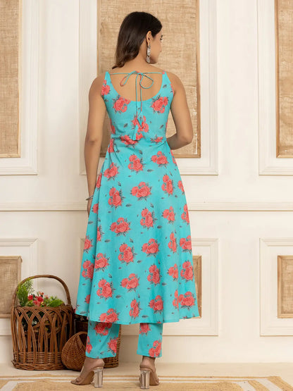 Blue Floral Print Cotton A Line Style Kurta And Trousers With Dupatta Set