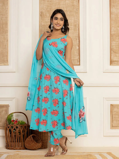 Blue Floral Print Cotton A Line Style Kurta And Trousers With Dupatta Set