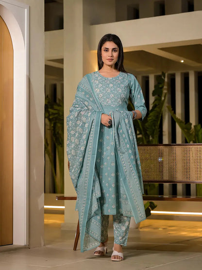 Women's Blue Cotton Blue Floral Print Cotton Anarkali Style Kurta With Trousers With Dupatta Set by Yufta, suitable for wholesale buyers, boutiques, retailers, resellers and bulk fashion orders from Trendphoria
