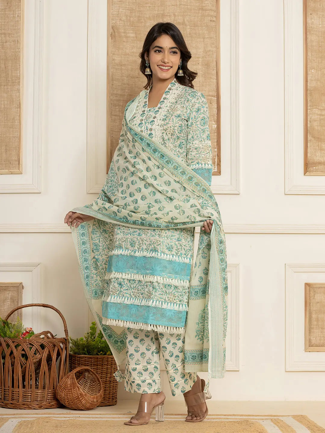 Blue Floral Print Cotton Straight Tassel Work Kurta And Trousers With Dupatta