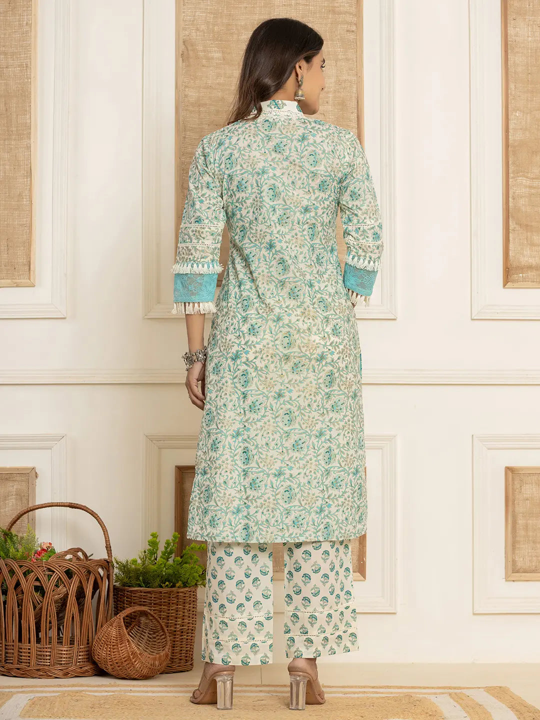Blue Floral Print Cotton Straight Tassel Work Kurta And Trousers With Dupatta