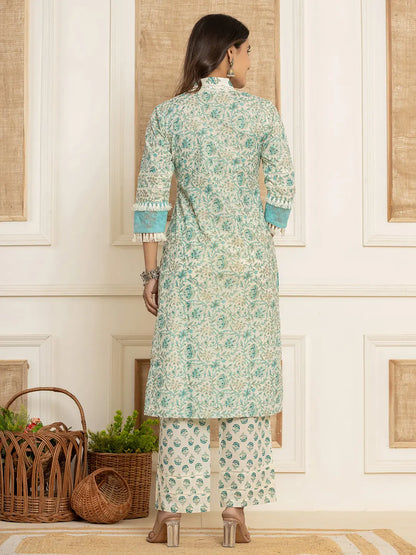 Blue Floral Print Cotton Straight Tassel Work Kurta And Trousers With Dupatta