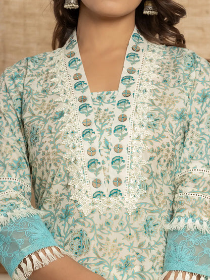 Blue Floral Print Cotton Straight Tassel Work Kurta And Trousers With Dupatta