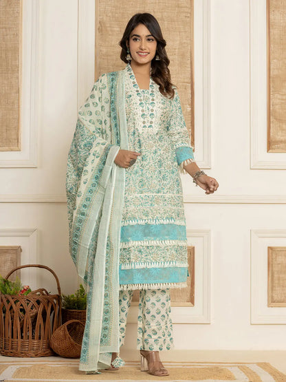 Blue Floral Print Cotton Straight Tassel Work Kurta And Trousers With Dupatta