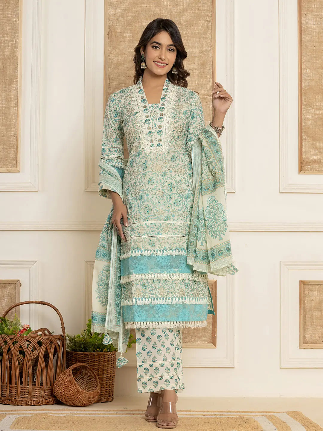 Blue Floral Print Cotton Straight Tassel Work Kurta And Trousers With Dupatta