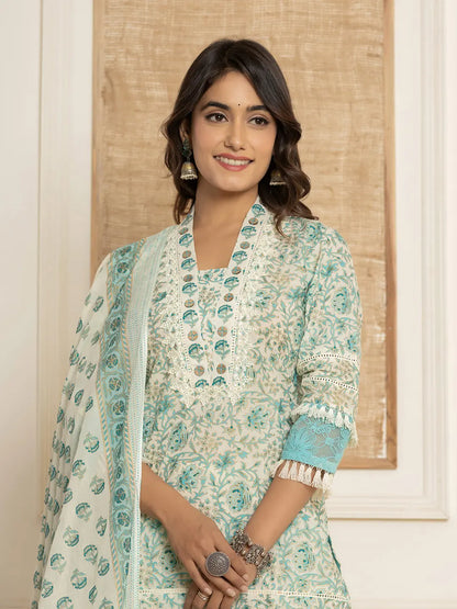 Women's Blue Cotton Blue Floral Print Cotton Straight Tassel Work Kurta And Trousers With Dupatta by Yufta, suitable for wholesale buyers, boutiques, retailers, resellers and bulk fashion orders from Trendphoria