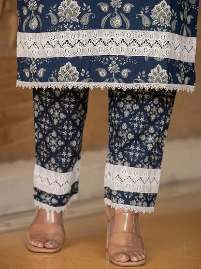 Blue Floral Print Pakistani Style Kurta Trouser And Dupatta Set