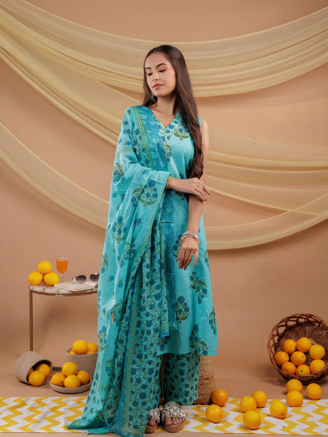 Blue Floral Print Pure Cotton A Line Kurta Dupatta Set