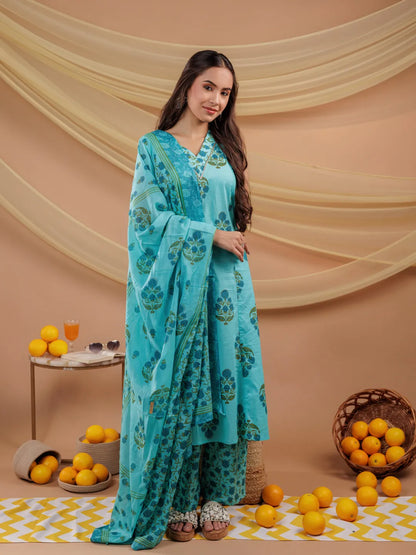 Blue Floral Print Pure Cotton A Line Kurta Dupatta Set