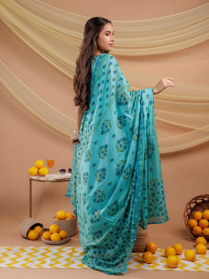 Blue Floral Print Pure Cotton A Line Kurta Dupatta Set