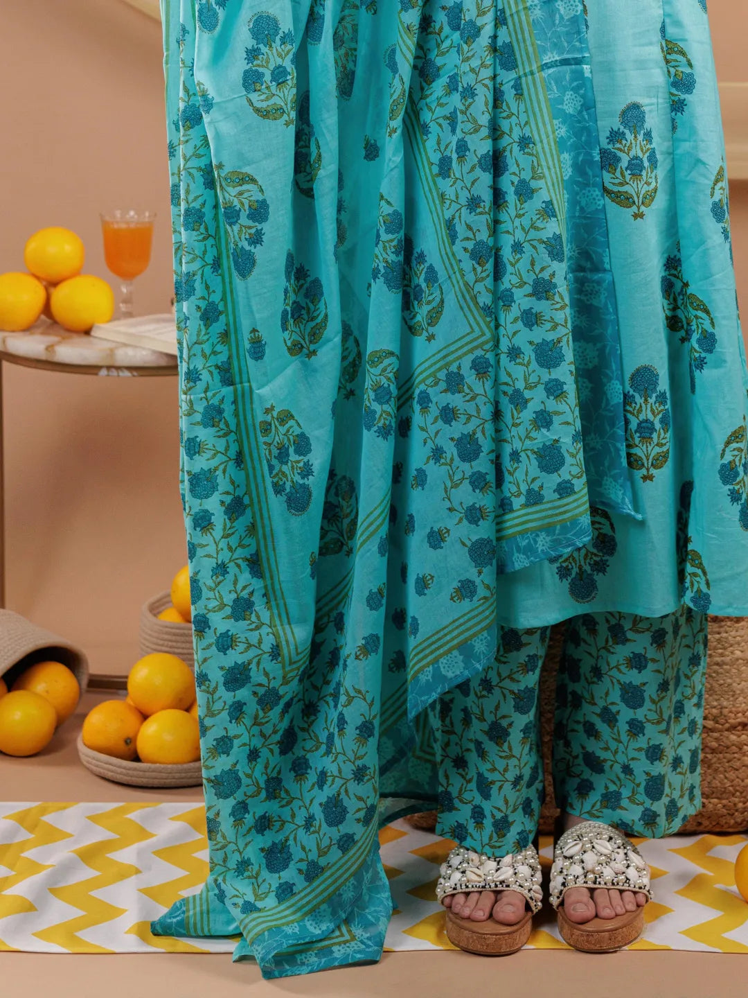 Blue Floral Print Pure Cotton A Line Kurta Dupatta Set