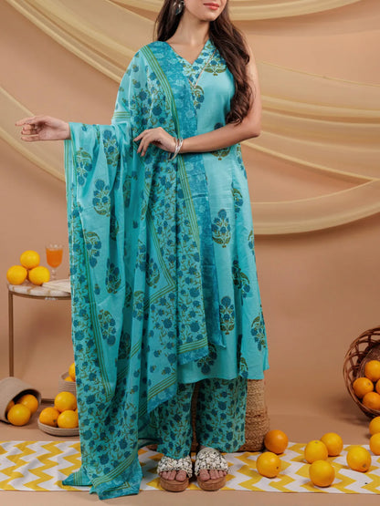 Blue Floral Print Pure Cotton A Line Kurta Dupatta Set