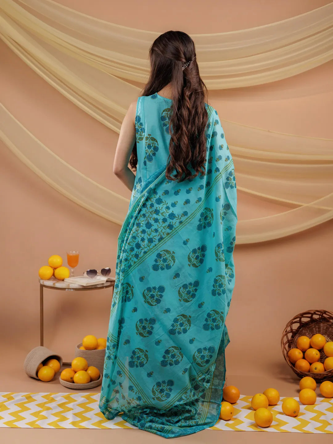 Blue Floral Print Pure Cotton A Line Kurta Dupatta Set