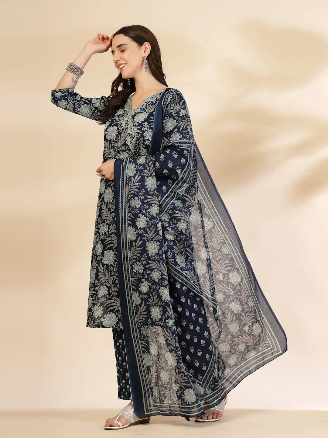 Blue Floral Print Straight Kurta Trouser Dupatta Set