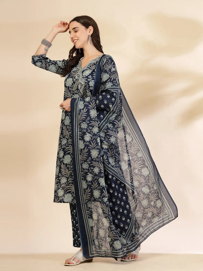 Blue Floral Print Straight Kurta Trouser Dupatta Set