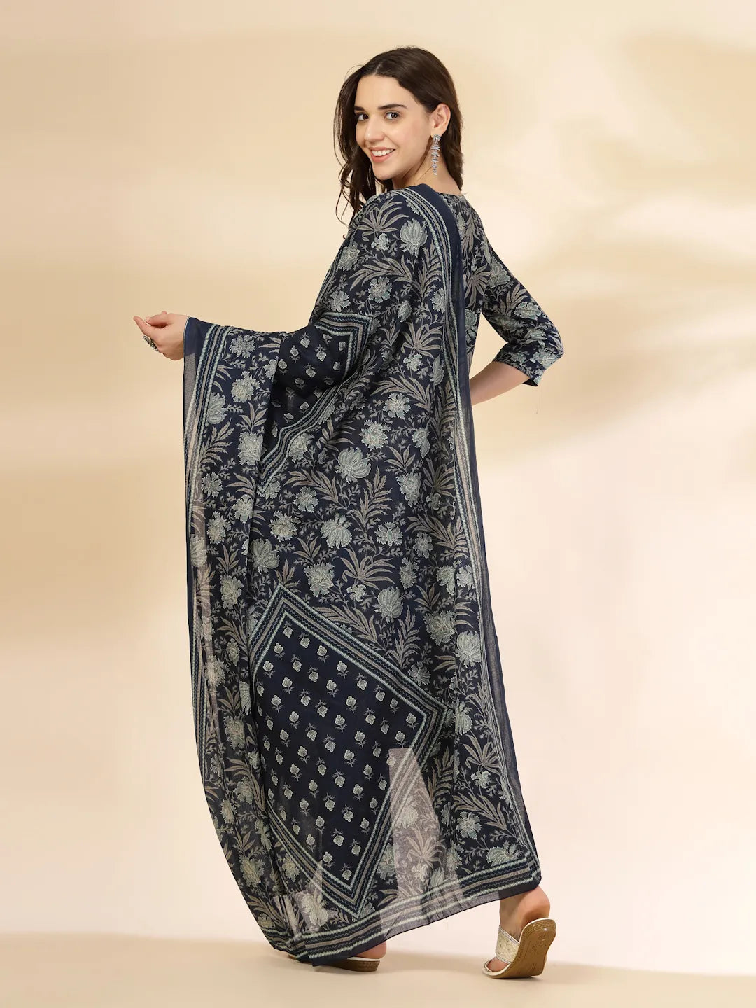 Blue Floral Print Straight Kurta Trouser Dupatta Set
