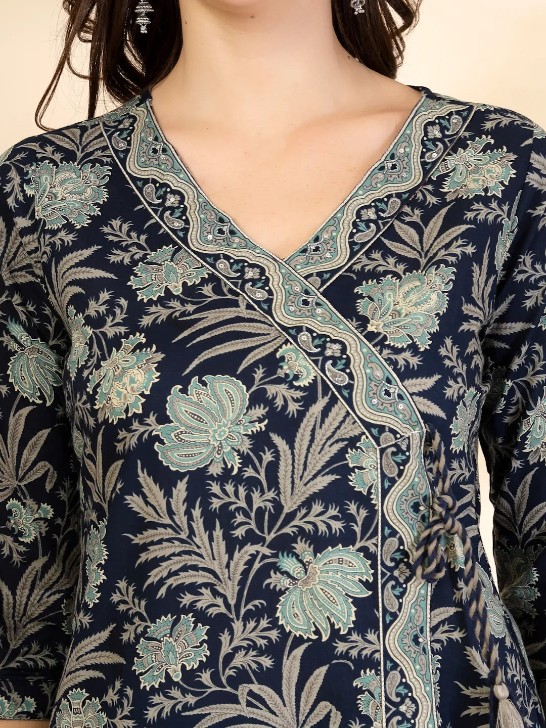 Blue Floral Print Straight Kurta Trouser Dupatta Set