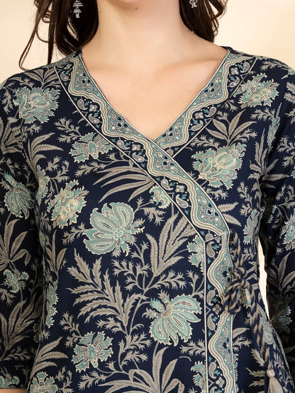 Blue Floral Print Straight Kurta Trouser Dupatta Set