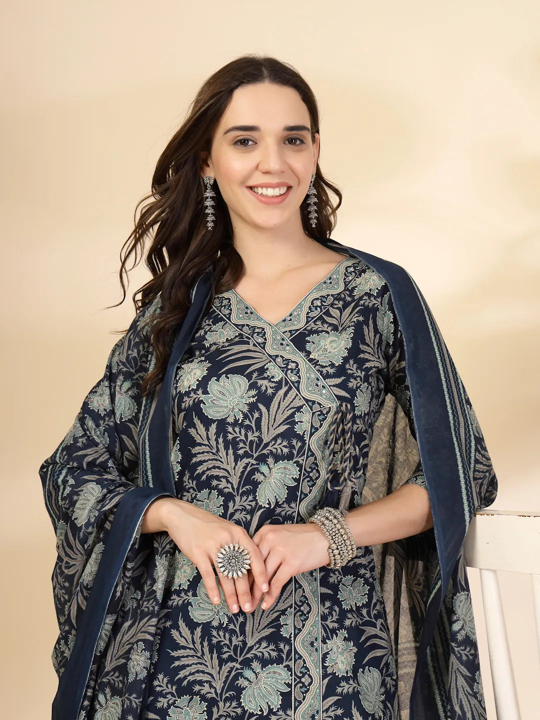 Blue Floral Print Straight Kurta Trouser Dupatta Set
