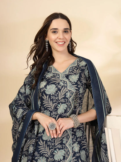 Blue Floral Print Straight Kurta Trouser Dupatta Set
