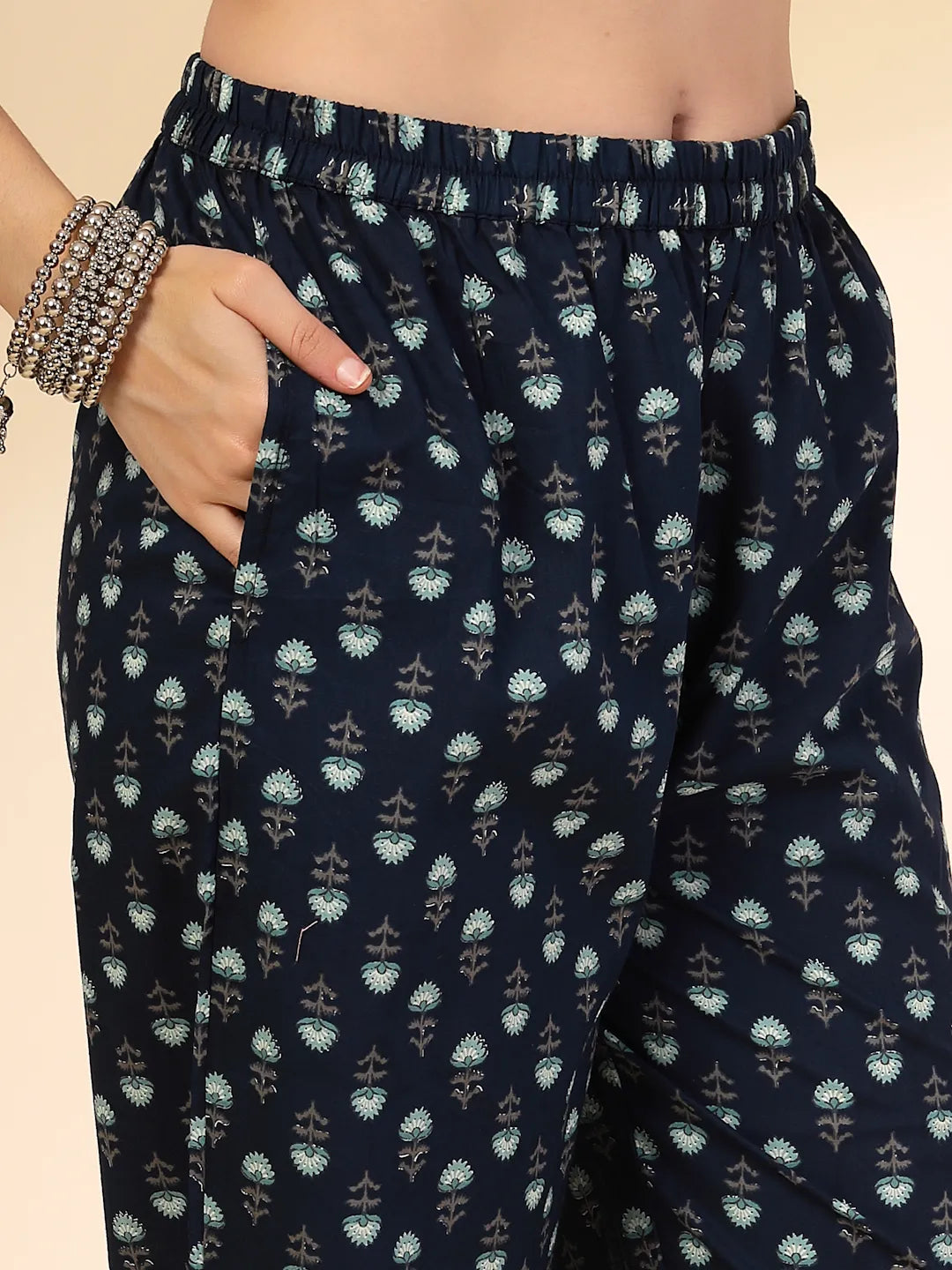 Blue Floral Print Straight Kurta Trouser Dupatta Set