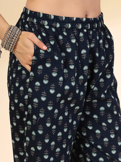 Blue Floral Print Straight Kurta Trouser Dupatta Set