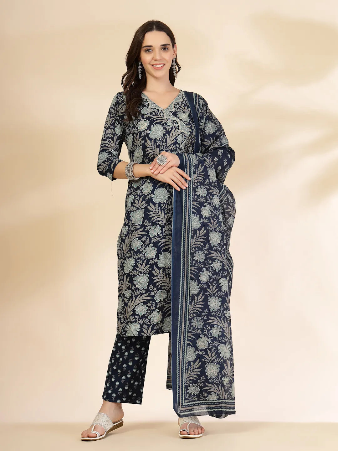 Women's Blue Cotton Blue Floral Print Straight Kurta Trouser Dupatta Set by Yufta, suitable for wholesale buyers, boutiques, retailers, resellers and bulk fashion orders from Trendphoria