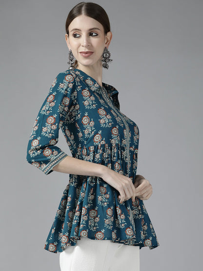 Blue  Floral Print Top