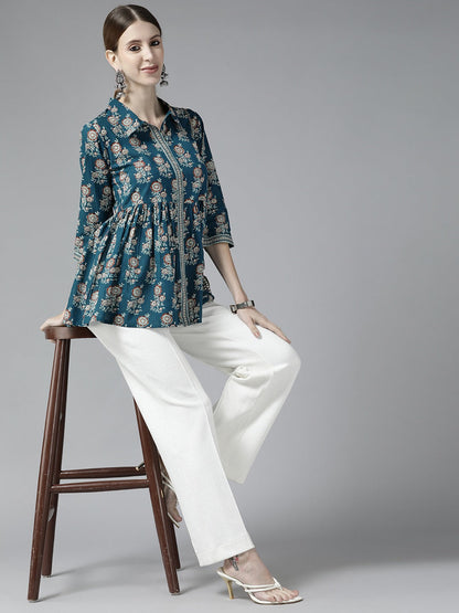 Blue  Floral Print Top