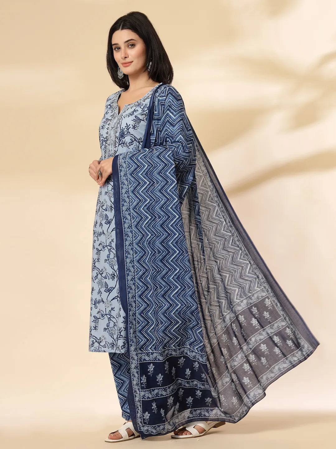 Blue Floral Sequins-Work Pure Cotton Kurta Dupatta Pant Set