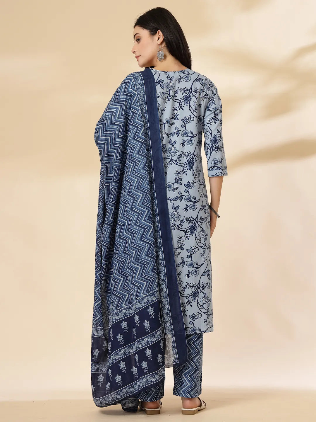 Blue Floral Sequins-Work Pure Cotton Kurta Dupatta Pant Set