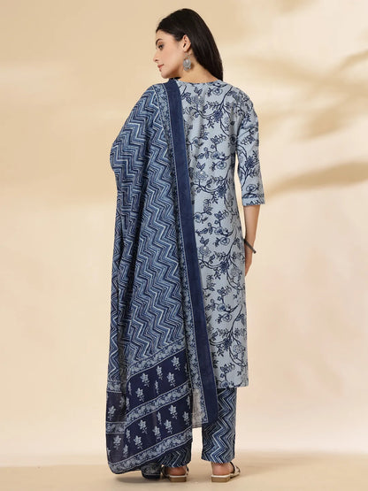 Blue Floral Sequins-Work Pure Cotton Kurta Dupatta Pant Set