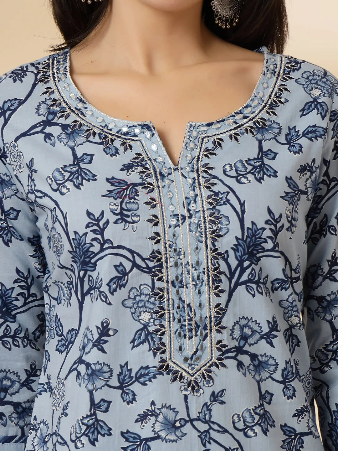 Blue Floral Sequins-Work Pure Cotton Kurta Dupatta Pant Set