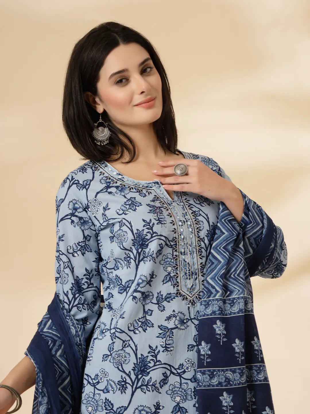 Blue Floral Sequins-Work Pure Cotton Kurta Dupatta Pant Set