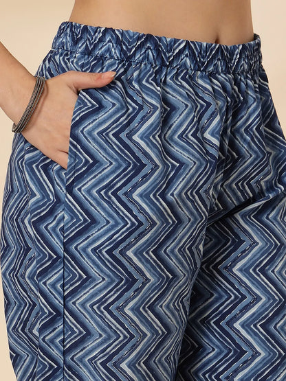 Blue Floral Sequins-Work Pure Cotton Kurta Dupatta Pant Set