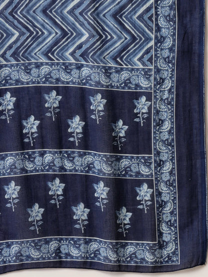 Blue Floral Sequins-Work Pure Cotton Kurta Dupatta Pant Set