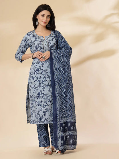 Blue Floral Sequins-Work Pure Cotton Kurta Dupatta Pant Set