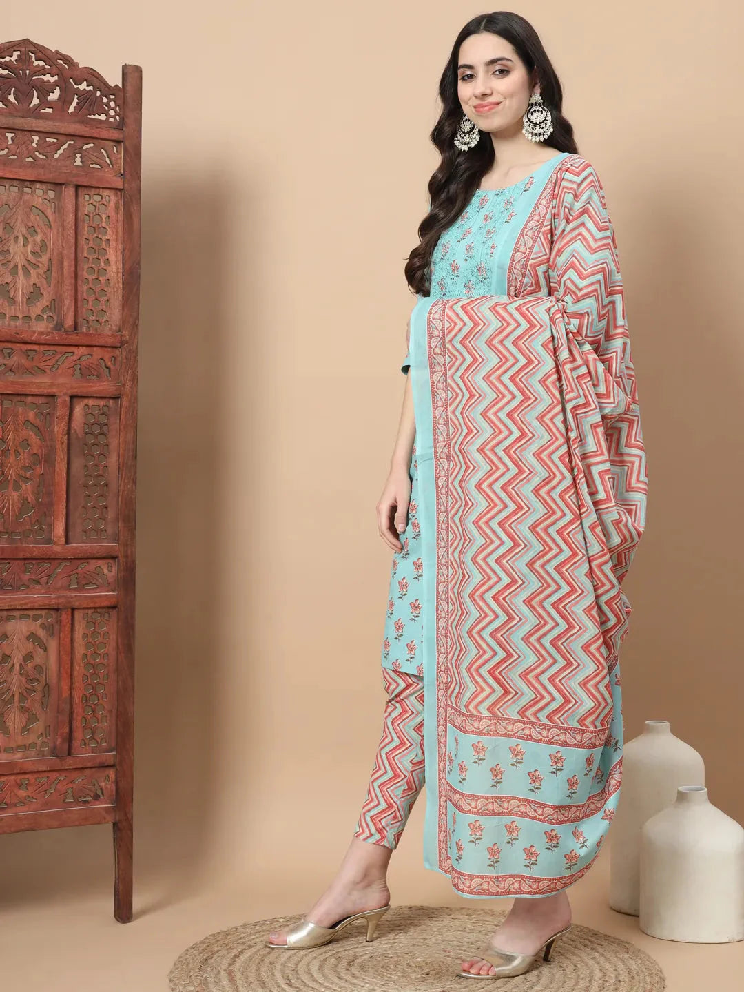 Blue Floral Sequins Work Straight Kurta Trouser And Dupatta Set