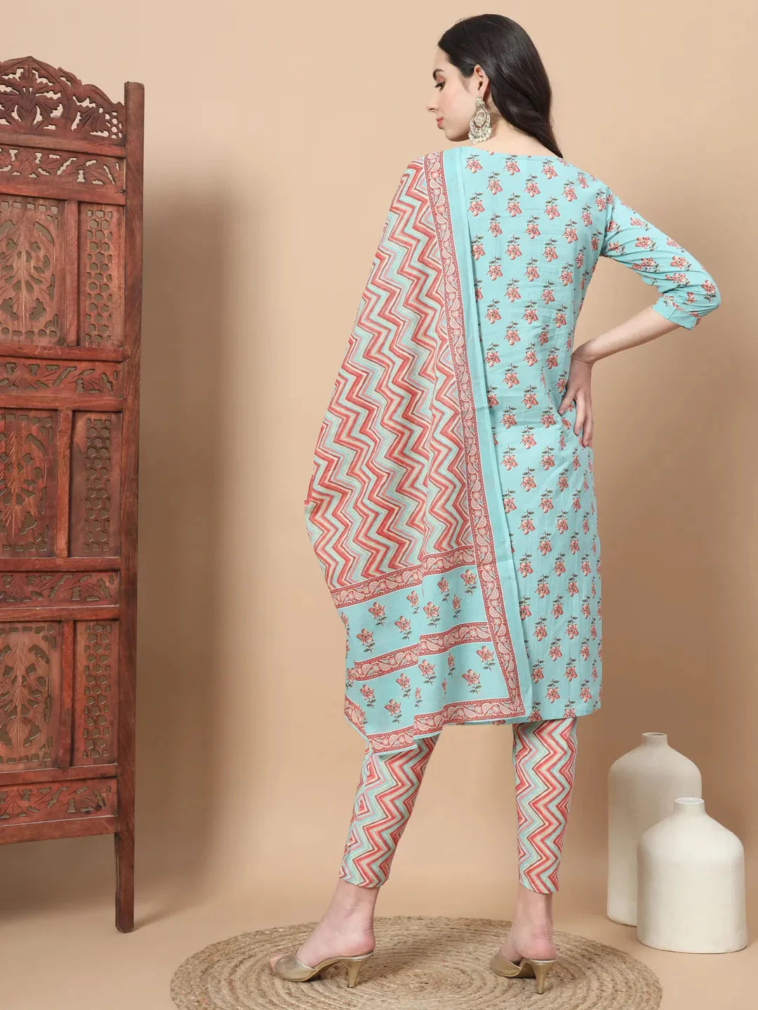 Blue Floral Sequins Work Straight Kurta Trouser And Dupatta Set