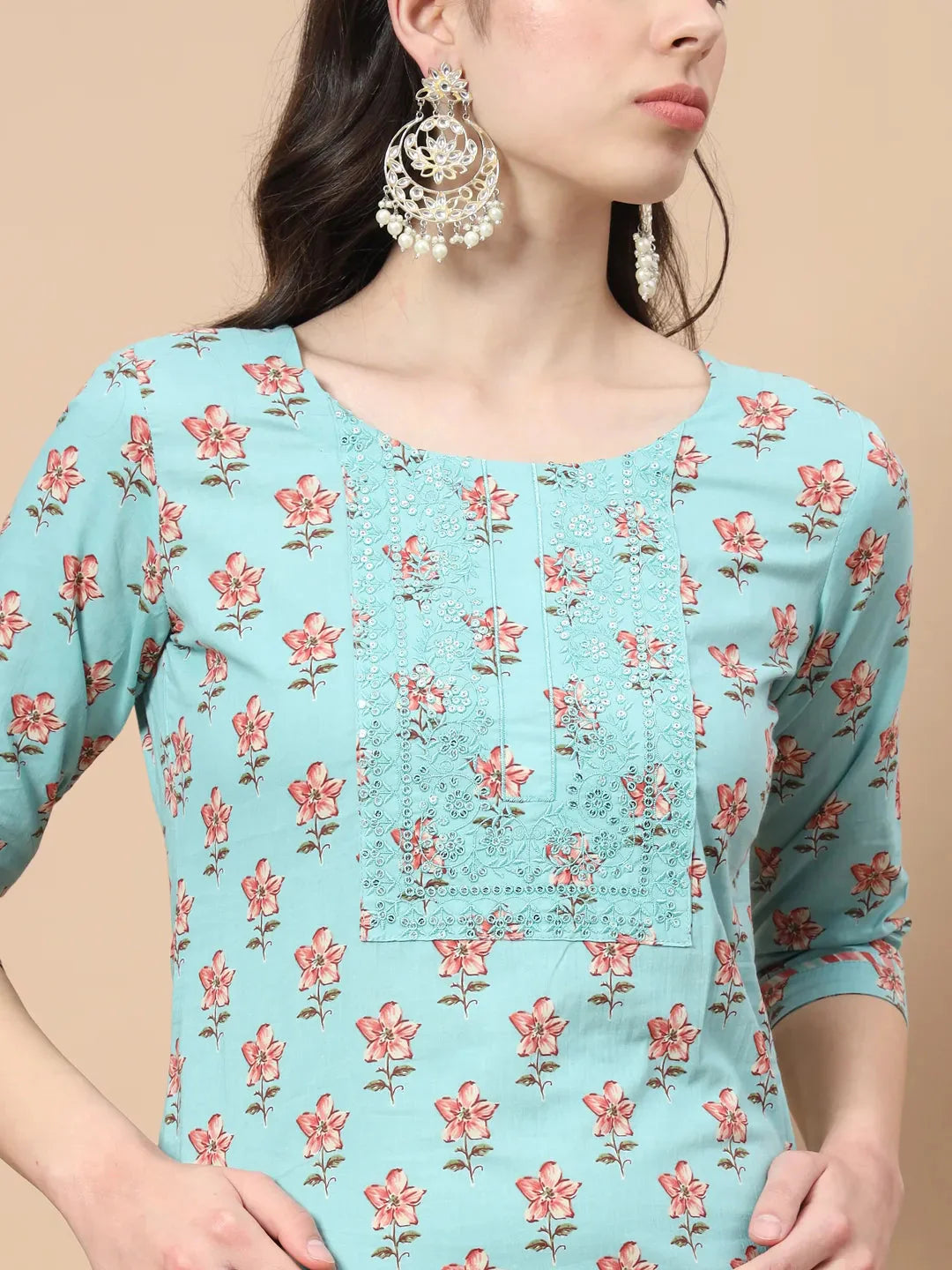 Blue Floral Sequins Work Straight Kurta Trouser And Dupatta Set