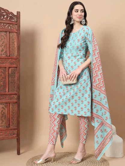 Blue Floral Sequins Work Straight Kurta Trouser And Dupatta Set