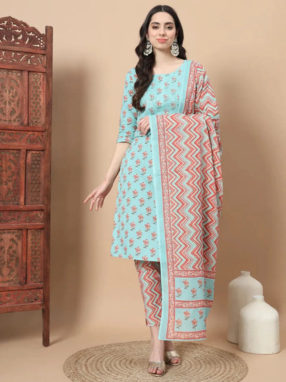 Women's Blue Cotton Blue Floral Sequins Work Straight Kurta Trouser And Dupatta Set by Yufta, suitable for wholesale buyers, boutiques, retailers, resellers and bulk fashion orders from Trendphoria