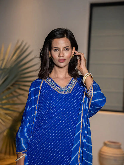 Blue Georgette Lahiya Kurta Dupatta Set