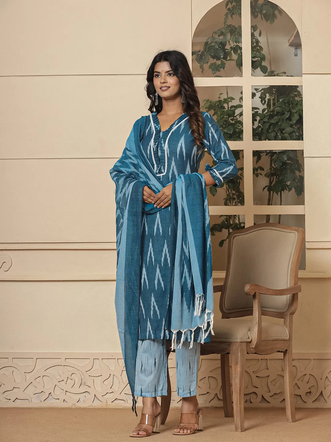 Blue Ikat Print Straight Strappy Kurta Trouser And Dupatta Set