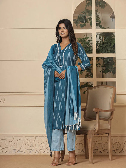 Blue Ikat Print Straight Strappy Kurta Trouser And Dupatta Set