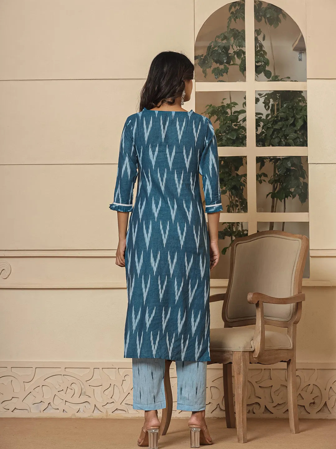 Blue Ikat Print Straight Strappy Kurta Trouser And Dupatta Set