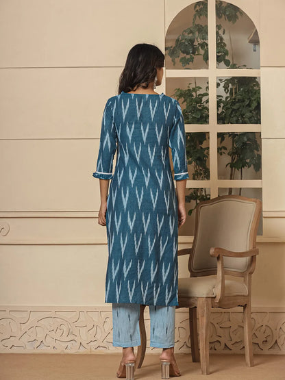 Blue Ikat Print Straight Strappy Kurta Trouser And Dupatta Set