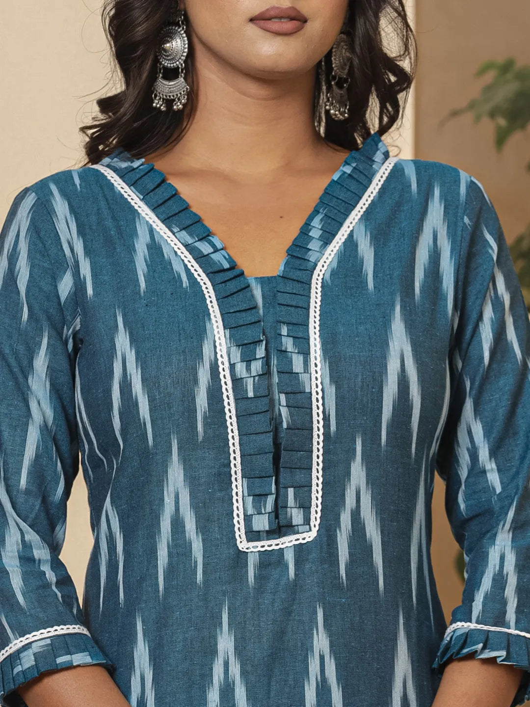 Blue Ikat Print Straight Strappy Kurta Trouser And Dupatta Set