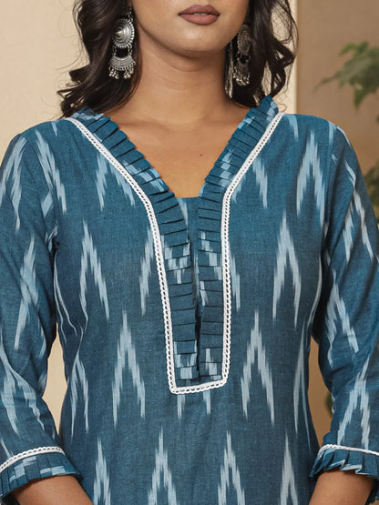 Blue Ikat Print Straight Strappy Kurta Trouser And Dupatta Set